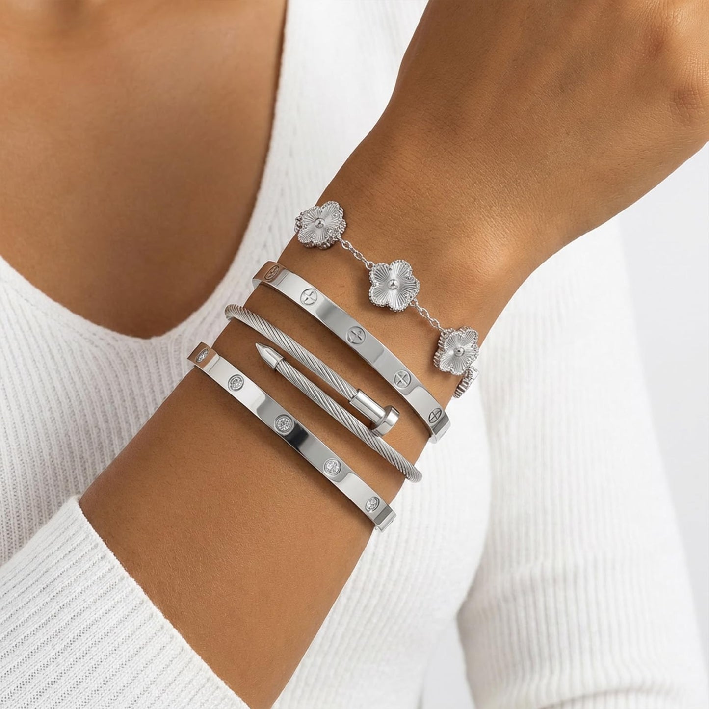 Camhanno Gold Bracelets for Women - Stackable Bangles with Love & Friendship Theme - Stainless Steel Jewelry Gift for Her (Bracelet Stack 4Sets (Floral Silver Bracelets,Bangle))