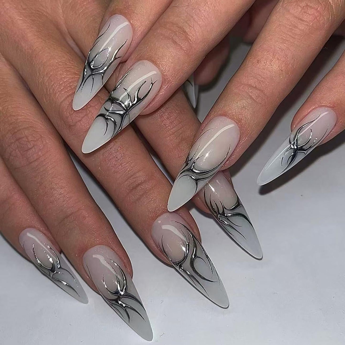 IMSOHOT White Press on Nails Medium Almond, Metallic Chrome Silver Totem Design, Full Cover Acrylic Glossy Gel Stick on Fake Nails Handmade Artificial False Nails 24Pcs