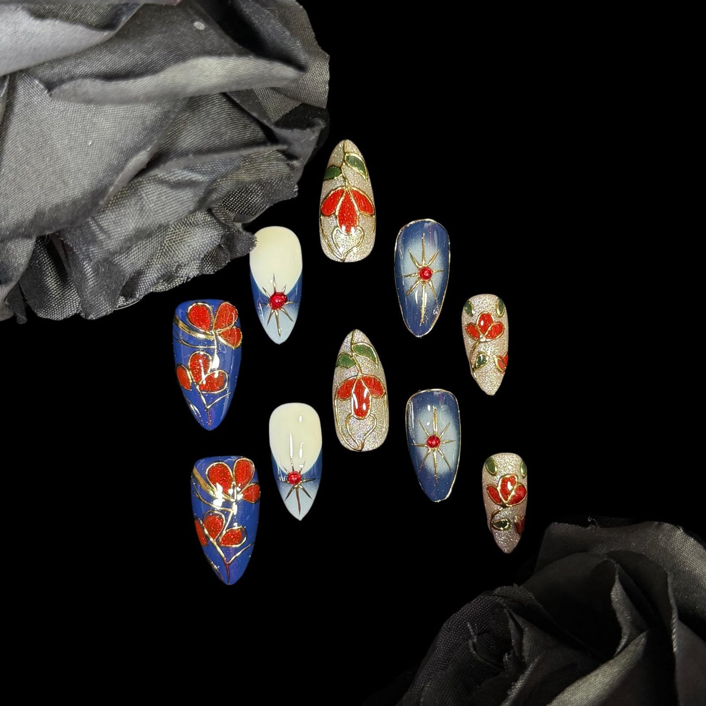 Handmade Press On Nails, Medium Almond Hand-Painted Floral Design, Luxury Blue & Red Art with Gold Outline Design, Reusable Acrylic Fake Nails Set Enamel (S)