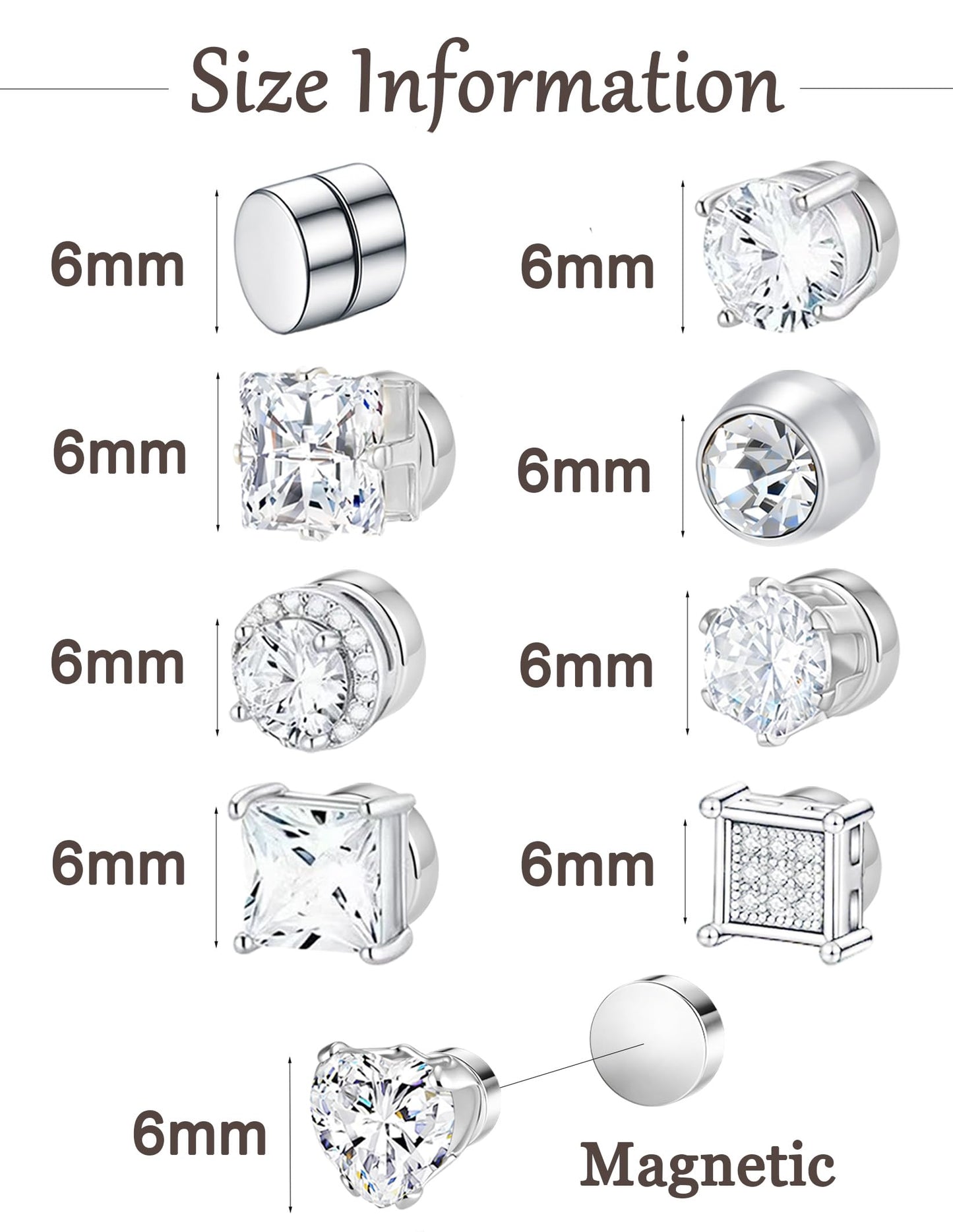 Ofeiyaa Magnetic Stud Earrings Stainless Steel Non-piercing CZ Heart Round Square Triangle Halo Earrings for Men Women Fake Clip on Stud Earring Jewelry Set for Sensitive Ears Silver Tone 6MM 8MM