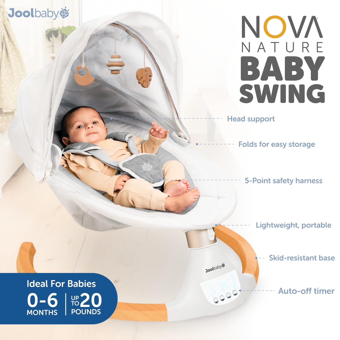 Jool Baby Nova Nature Baby Swing for Newborns with Natural Wood Toys, Electric Motorized Infant Swing, Bluetooth Music, Remote (Gray)