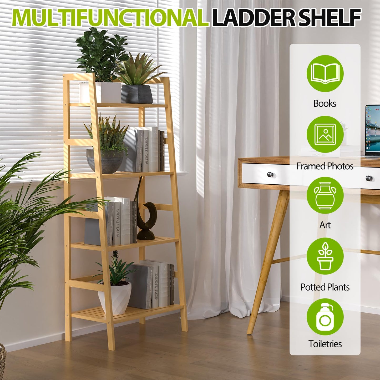 Thalomely Bamboo Bookshelf, 4-Tier Ladder Shelf Freestanding Space Saver Open Bookcase Book Shelf, Bamboo Storage Shelving Unit Flower Plant Stand for Living Room, Bathroom, Home Office, Natural