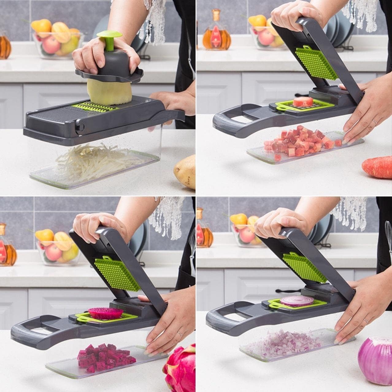 Multi-Function 12-in-1 Vegetable Chopper Cutter - Spiralizer and Slicer with Storage Container, Onion Chopper and Onion Mincer, Cutter, Egg, Veggie Chopper, Cheese Grater, Strawberry Slicer