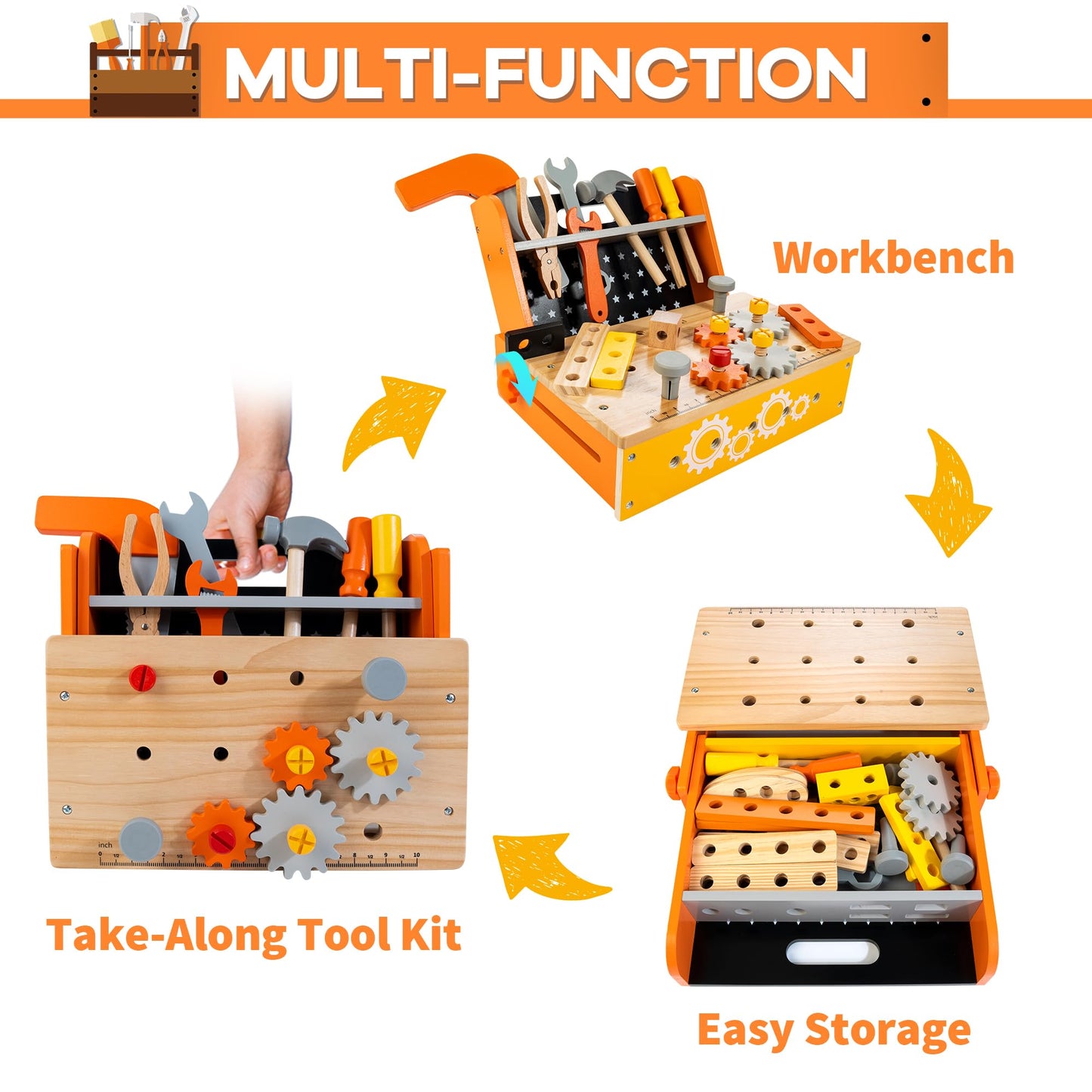 KIDWILL Wooden Tool Bench for Kids, 54-Piece Kids Tool Set with 2-in-1 Workbench & Take-Along Tool Kit, STEM Educational Toy Tools for Kids Ages 3 4 5 6 7 8 Years Old, Boy Toys