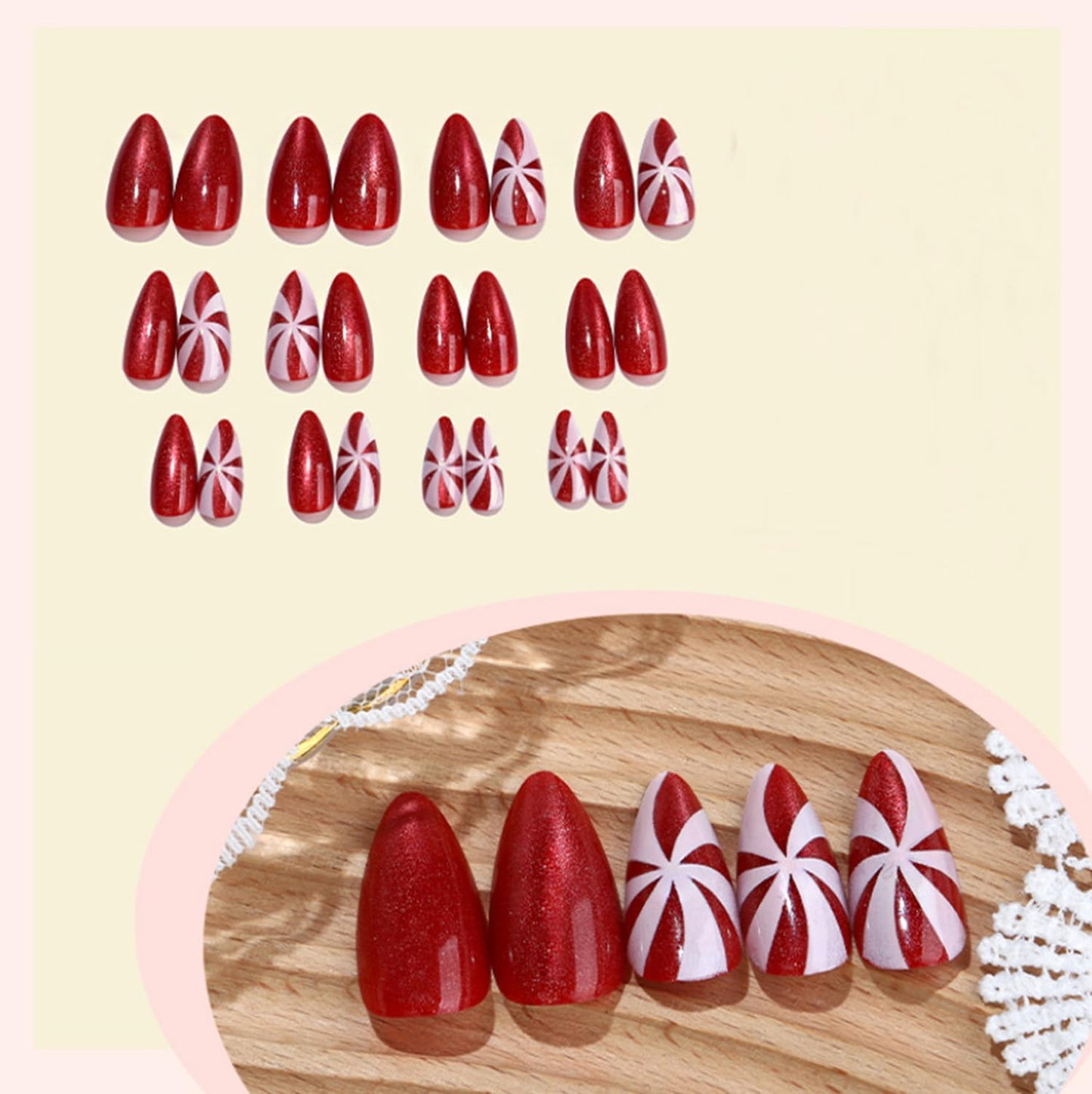 24Pcs Red Christmas Press on Nails Bling Almond Fake Nails with Candy Designs Stripe Winter False Nails for Women Xmas Full Cover Glue on Nail Medium Nails Press ons Holiday Manicure Kit