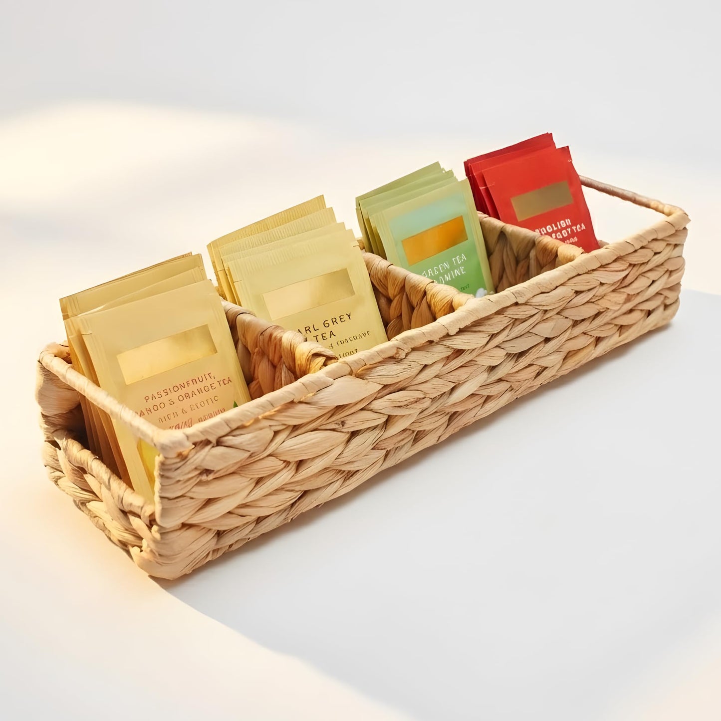 Tihoda Trovea Wicker Tea Organizer and Storage Box, 4-Compartment Water Hyacinth Tea Bag Holder for Tea Bar, Drawer, and Countertop Organization