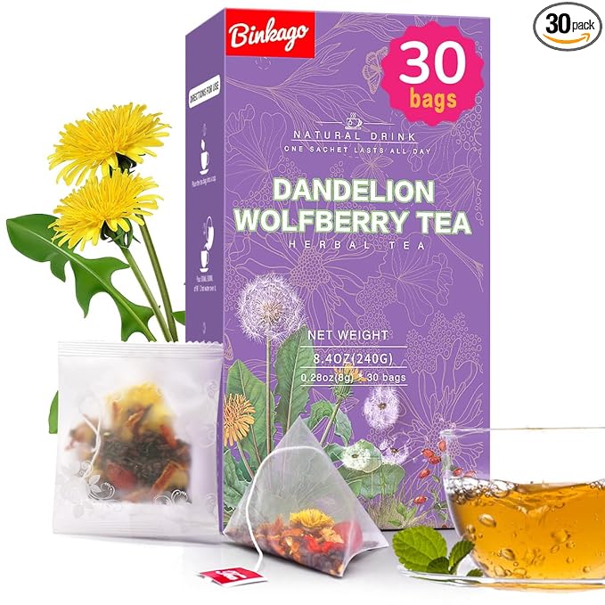 Binkago Dandelion Wolfberry Tea (30 Bags), Natural Kidneys & Liver Health Tea which includes Dandelion leaf, Cassia Seed, Goji Berries, Chrysanthemum, Licorice, Dried Tangerine Peel, and Gardenia