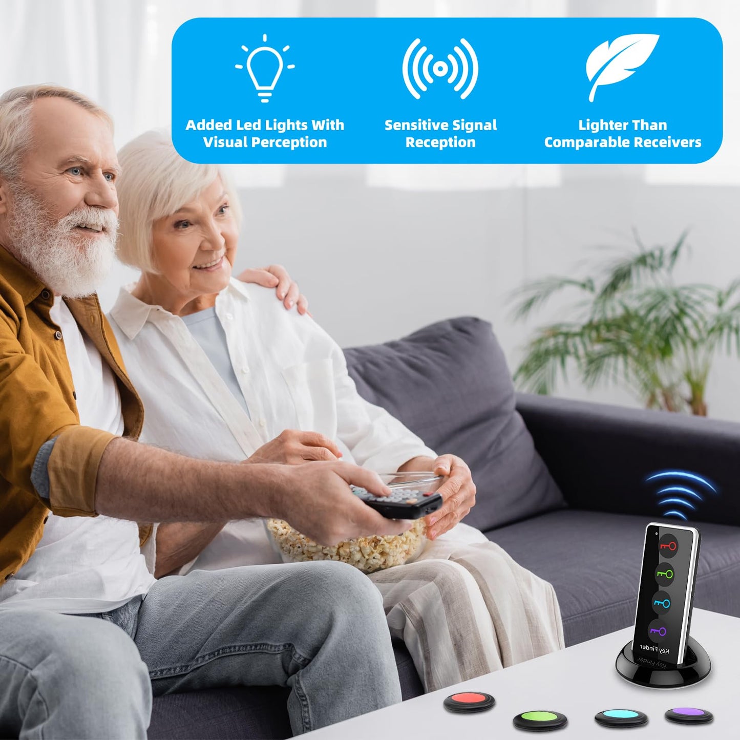 Key Finder Wireless RF Locator with 80dB+ Loud Beep & LED Light, 131ft Range, No App Needed, 1 RF Transmitter & 4 Receivers, Item Tracker for Keys, TV Remote, Wallet, Pet, and Glasses