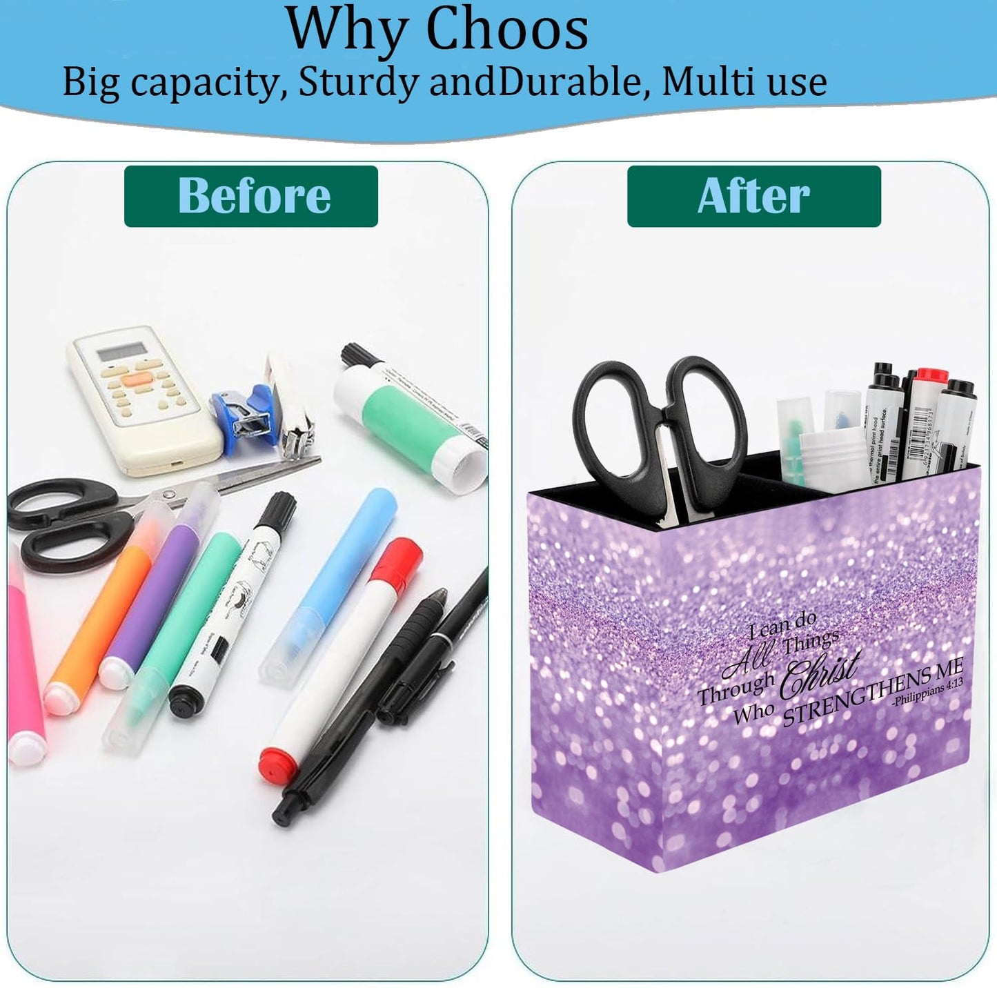 Pen Holder and Anti-Slip Mouse Pad Combination, Makeup Brush Storage Box, Tableware Storage Box, Suitable for Office and Home - Purple Glitter Quote Philippians 4-13