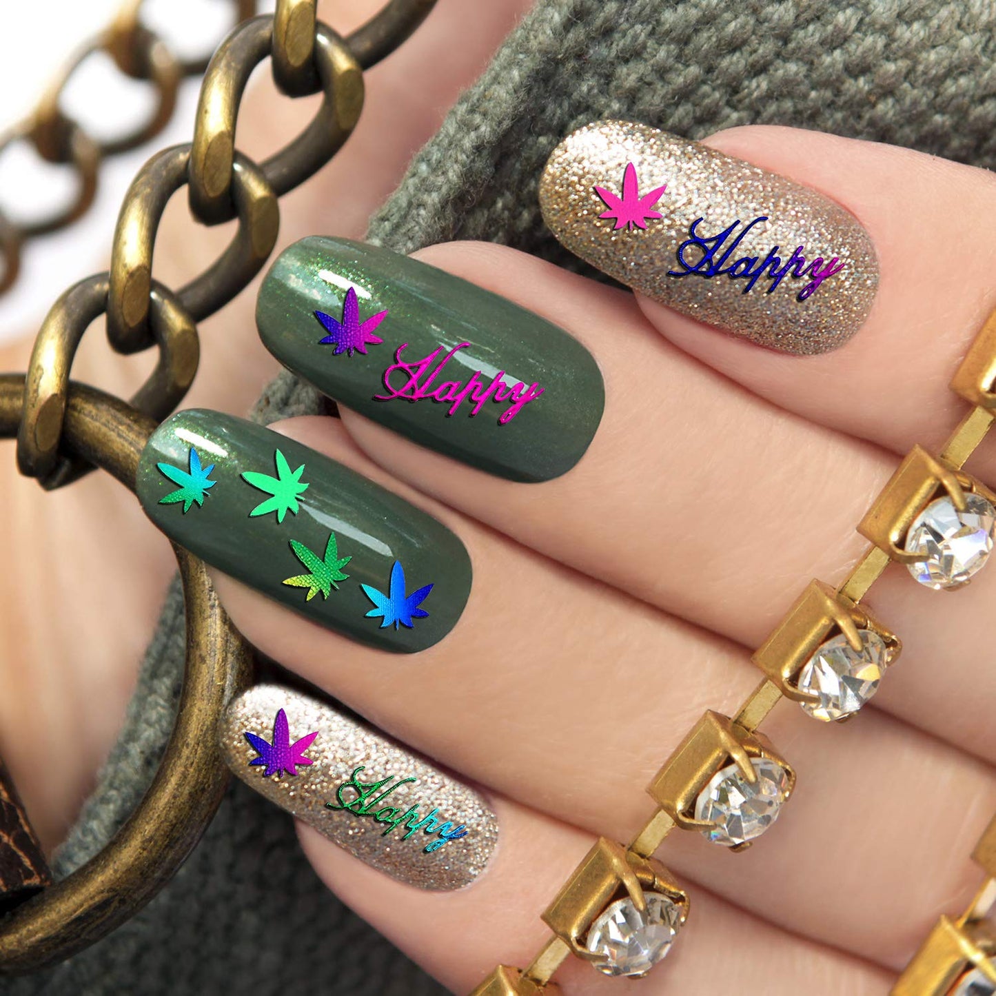 12 Sheets Colorful Leaf Nail Decals - Self-Adhesive Pot Leaves Nail Stickers for Women