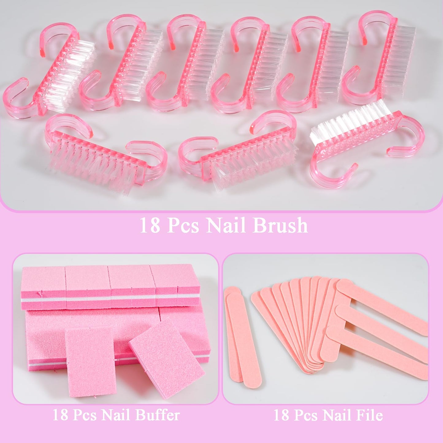 Disposable Manicure Kit Professional, 18 Set Press On Nail Tool Kit with Nail File, Nail Buffer, Nail Buffer Block, Nail Handle Brush, Wood Stick, Packaging Bag (Pink)