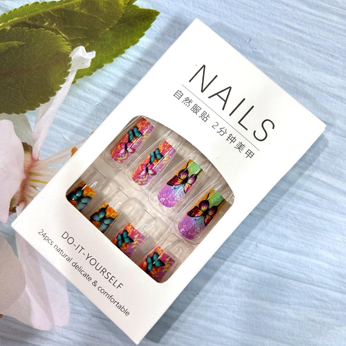 Butterfly Press on Nails Medium Ballet Shaped Gradient False Nails Press Ons with Colorful Butterflies Flower Pattern Design Artificial Fake Nails Full Cover Acrylic Stick on Nail for Women 24Pcs