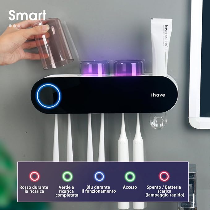 iHave Wall Mounted Electric Toothbrush Holders with 3 Cups, UV Sanitizer, Toothpaste Dispenser, Smart Home Bathroom Accessories & Decor, Black