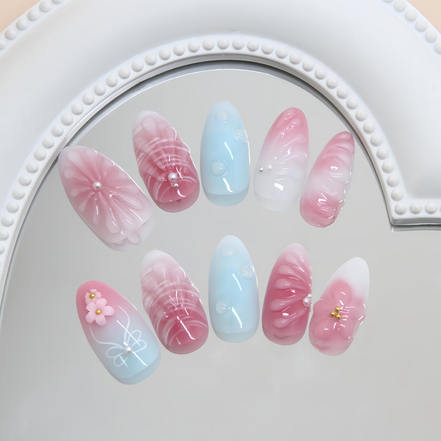 24Pcs Pink Blue Gradient Press On Nails Medium Almond Fake Nails 3D Ripple Bow Pearl Design Stick on Nails White Hibiscus Bow Strawberry Beach Waves False Nails Cute Floral Acrylic Nails for Women