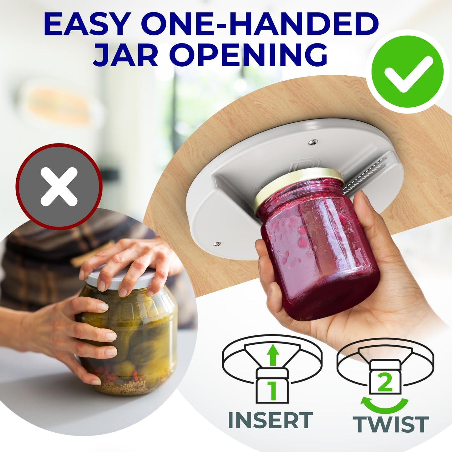 Under Cabinet Lid Jar Opener - for Weak Hands and Seniors with Arthritis - Heavy Duty, Allows to Easily Unscrew Any-Size Lid - Effortless Bottle & Can Opener for your Kitchen