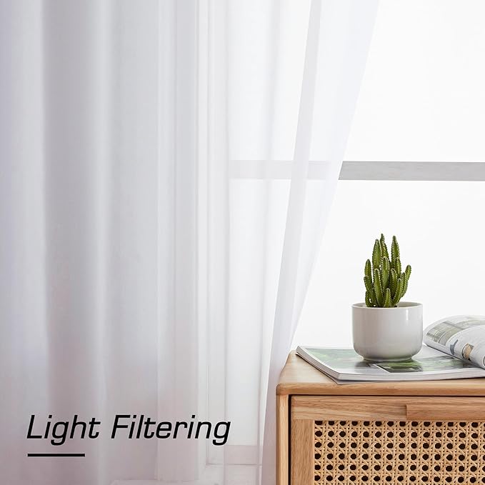 Simplebrand White Sheer Curtains 90 Inches Long, Light Filtering Rod Pocket Solid Color Window Sheer Curtain Panels, Elegant Curtains & Drapes for Living Room, Bedroom 2 Panels (White, 59" W x 90" L)
