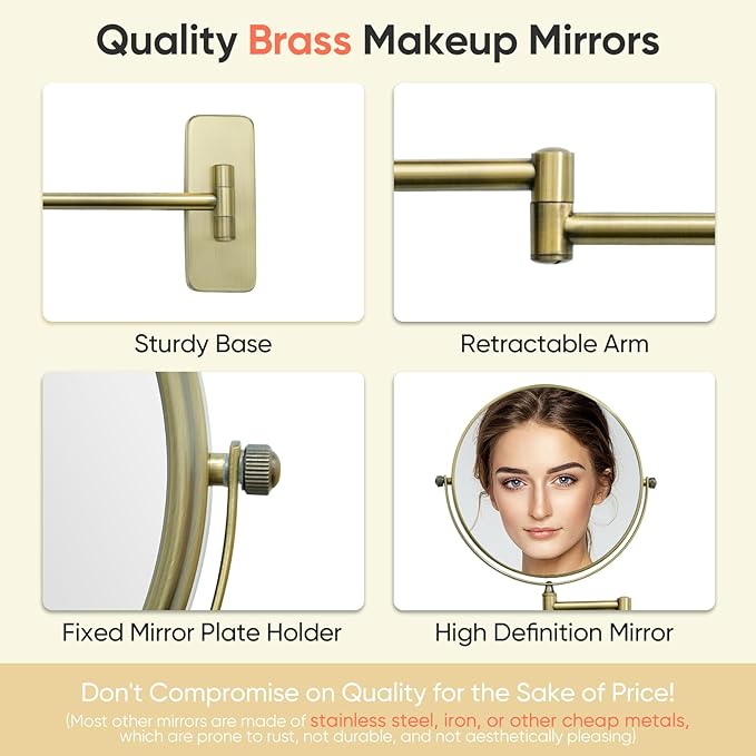 GURUN 8-Inch Double-Sided Wall Mount Makeup Mirror Antique Satin Brass with 7X Magnification Bathroom Mirror for Hotel Antique Satin Brass M1406K(8in,7X)