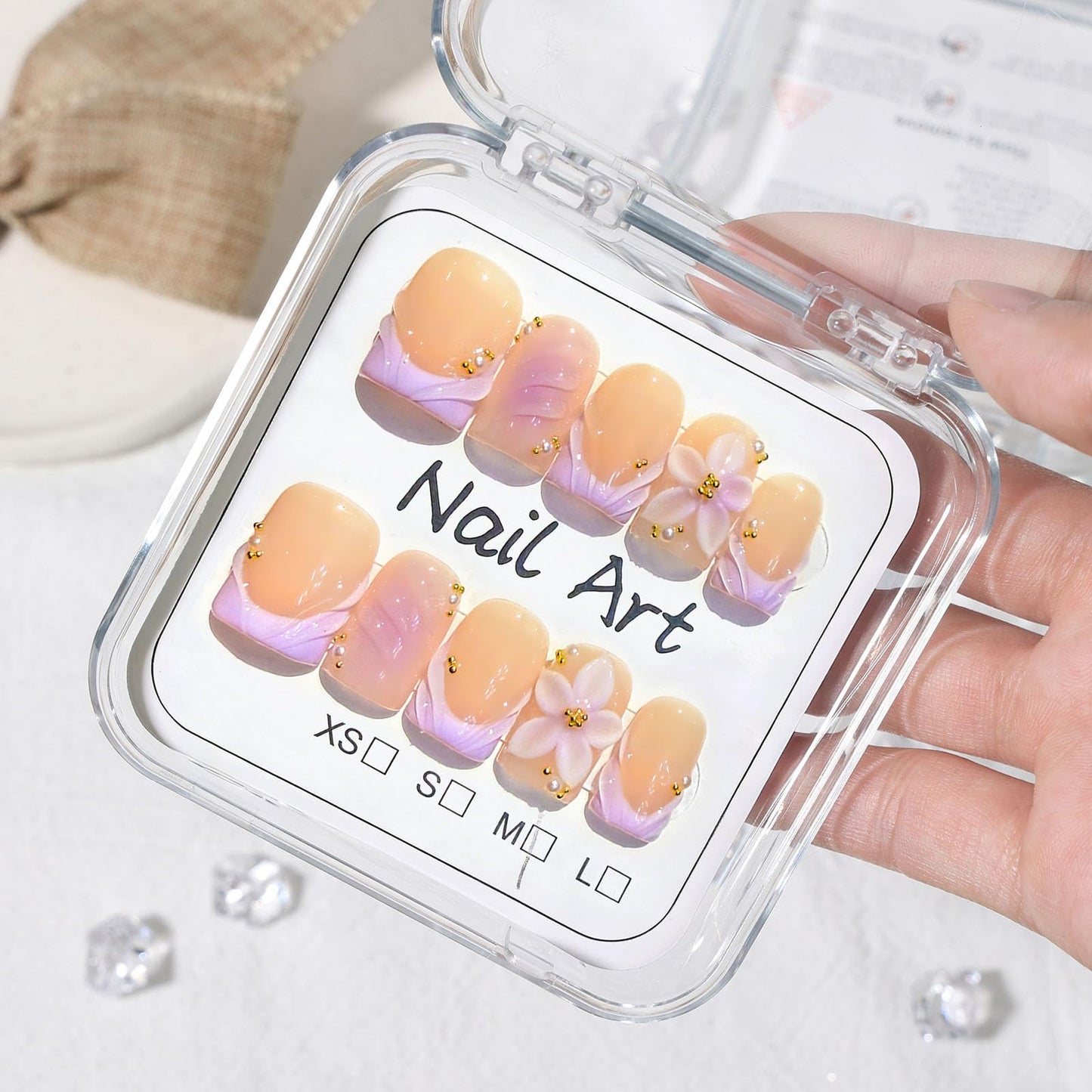 10 Pcs Handmade Press on Nails Short Square Fake Nails with Purple French Tip Design 3D Flower False Nails Nude Acrylic Short Press Ons Nails Square M Size for Women Manicure