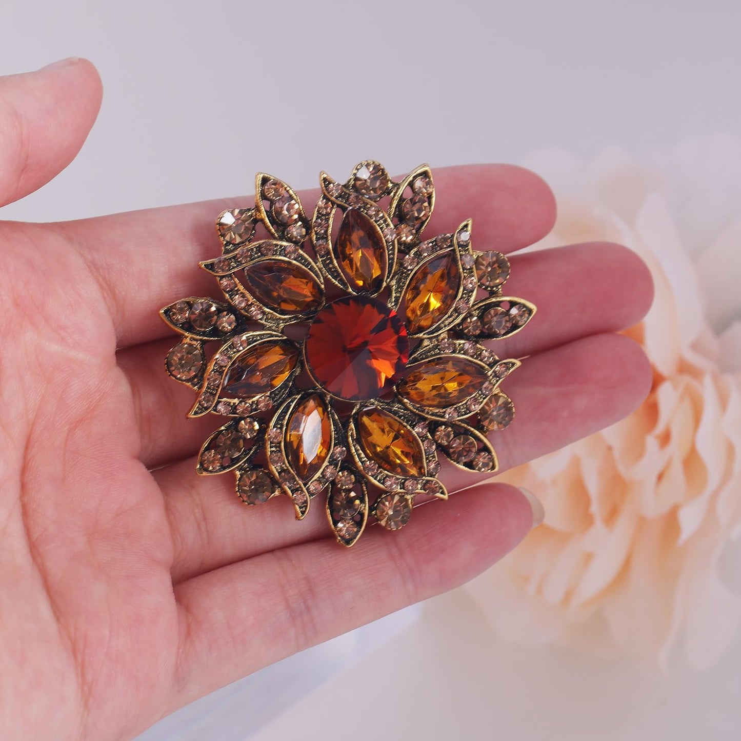 LAXPICOL Vintage Women's Brown Austrian Crystal Elegant Flower Brooch Wedding Broach Pin