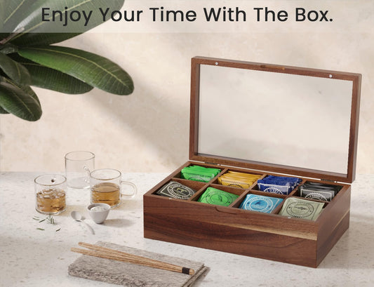Danfoxer Acacia Wood Tea Bag Organizers, Tea and Sugar Packet Storage Chest,Wooden Teabag Holder Containers,Teabox Storage Box with 8 Compartments and Clear Acrylic Top Window