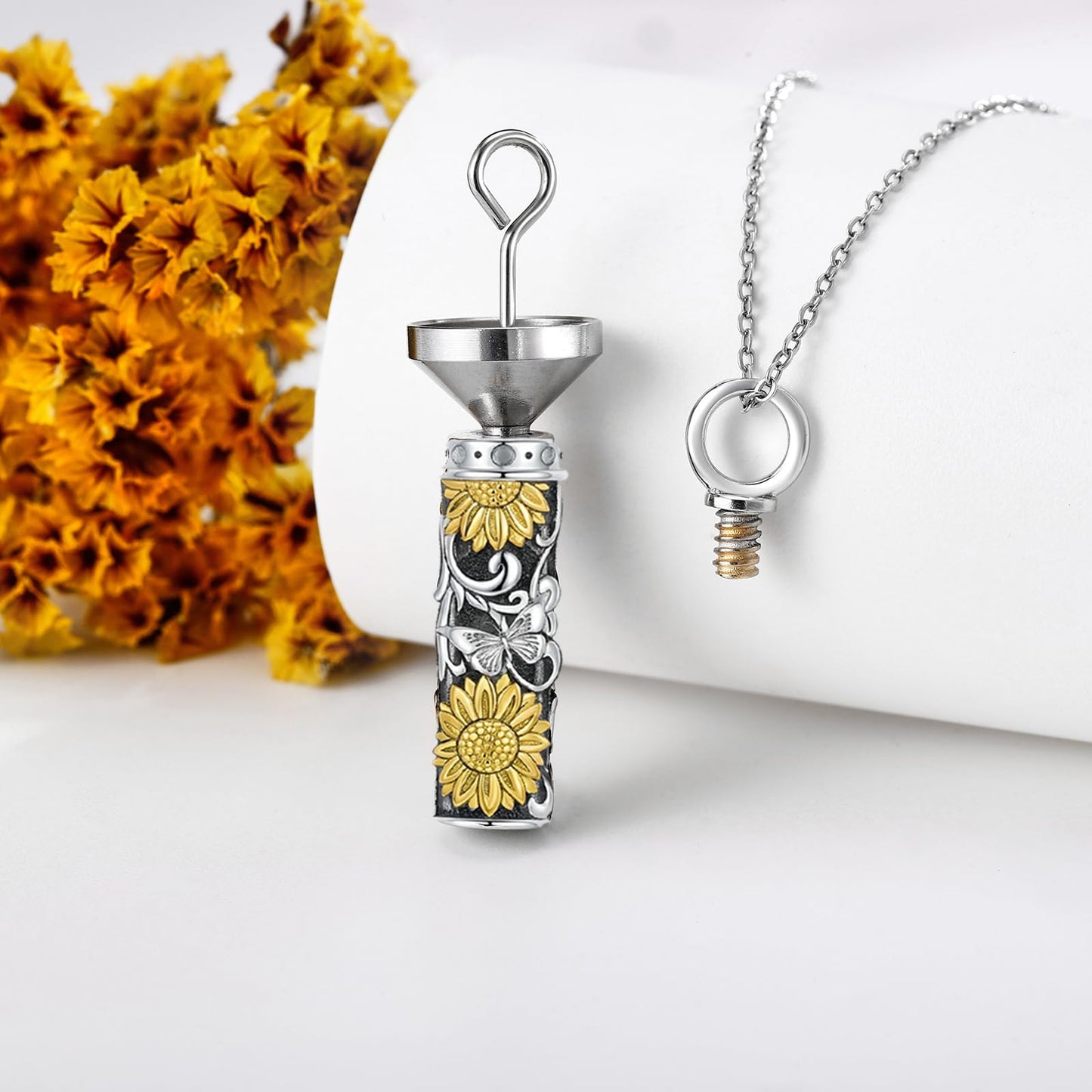 POPLYKE Sunflower Butterfly Filigree Urn Necklace for Ashes for Women Sterling Silver Cremation Necklace for Ashes Keepsake Jewelry for Human Men