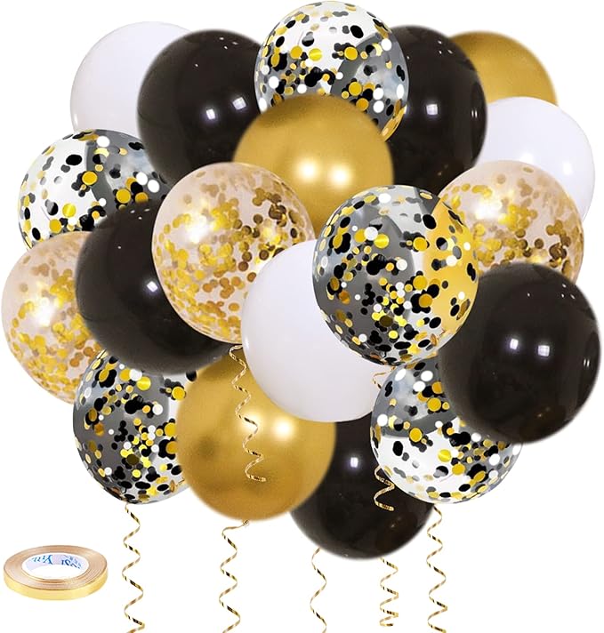 Zesliwy Black Gold Confetti Balloons 50 pack - 12 Inch Gold White and Black Confetti Balloons with Ribbons for Graduation Birthday Wedding Party Decorations