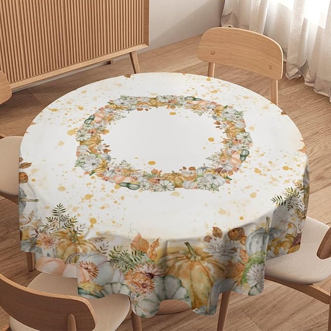 YCness Fall Tablecloth Thanksgiving Autumn Harvest Orange Watercolor Pumpkin Leaves Table Cover for Party Picnic Dinner Decor 36x36 Inch Round