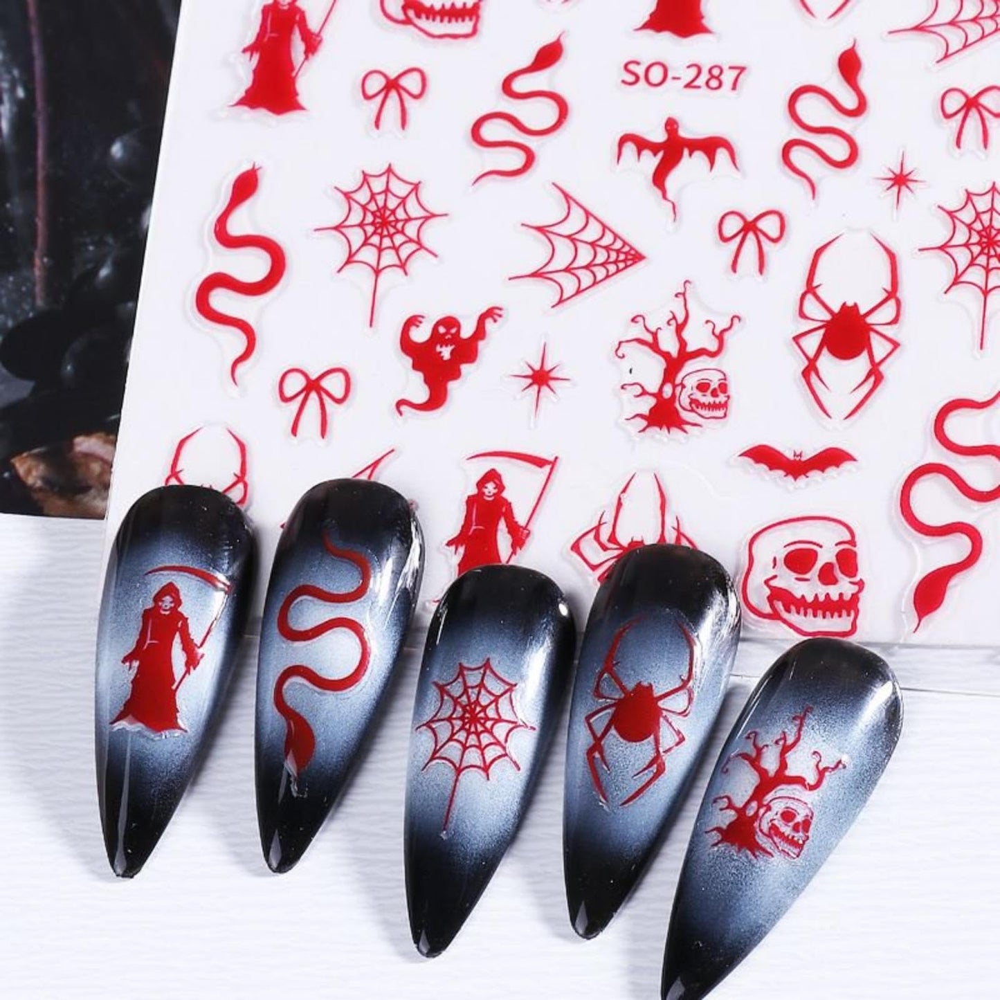 2 Sheets Halloween Nail Stickers Black Red Snake Nail Designs Self-Adhesive Spider Web Nail Decals Cute Bow Nail Art Stickers Skeleton Sticker Manicure Accessories for Women Girls DIY Acrylic Nails