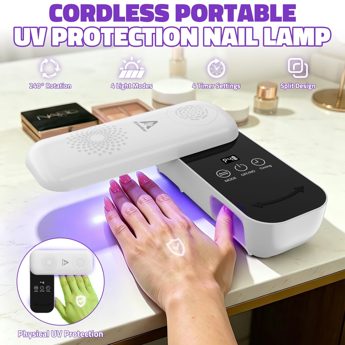 Aisuoker Compact Cordless UV Nail Lamp, 2‑in‑1 Gel Dryer & Nail Care Light with 4 Light Modes, Rotatable Panel & UV Protection Design, Portable LED Nail Light with 4 Modes ＆ Timer for Salon and Home