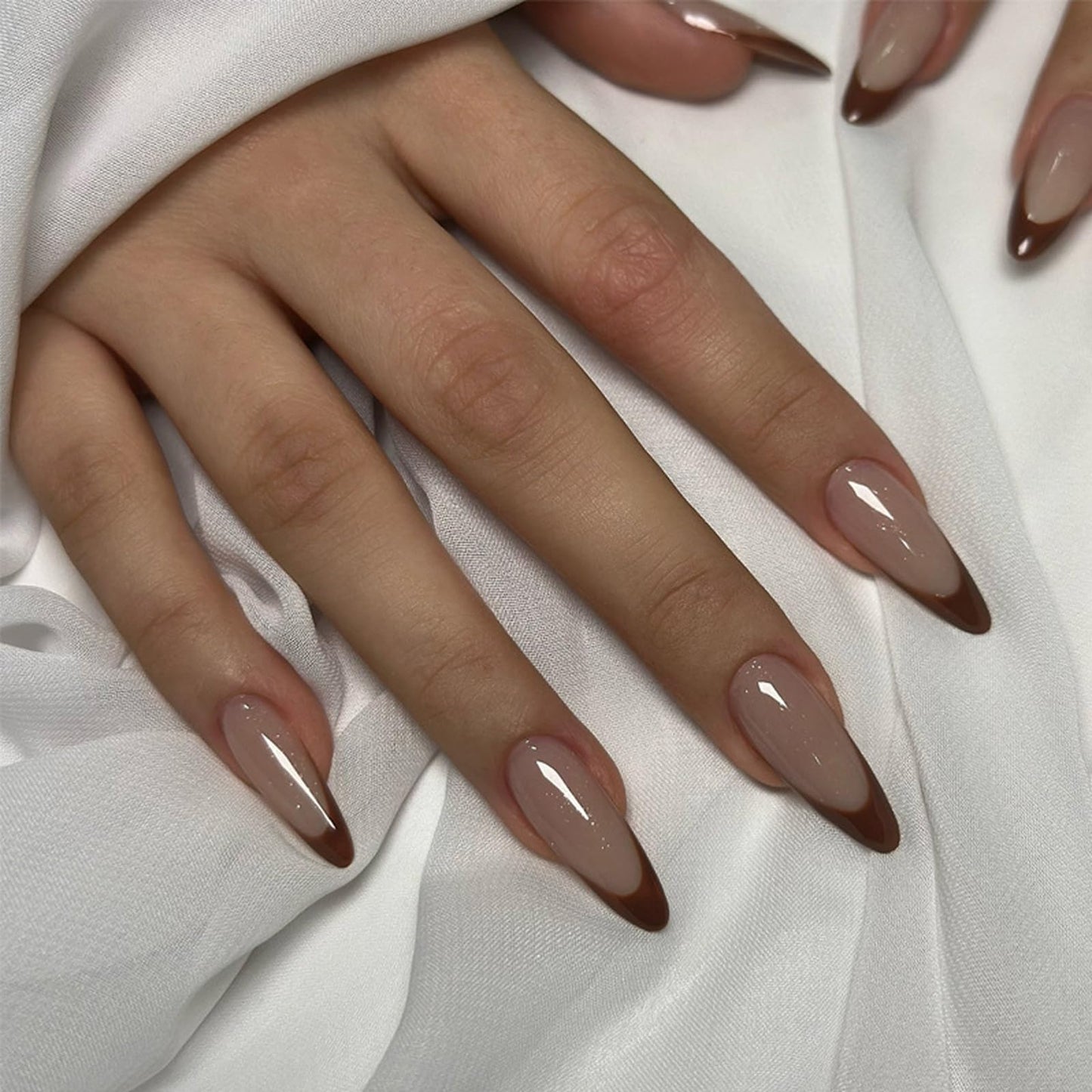 IMRAIN Press on Nails Brown French Tips Fake Nails Long Stiletto False Nails Glossy Full Cover Acrylic Gel Artificial Stick on Nails for Women 24Pcs
