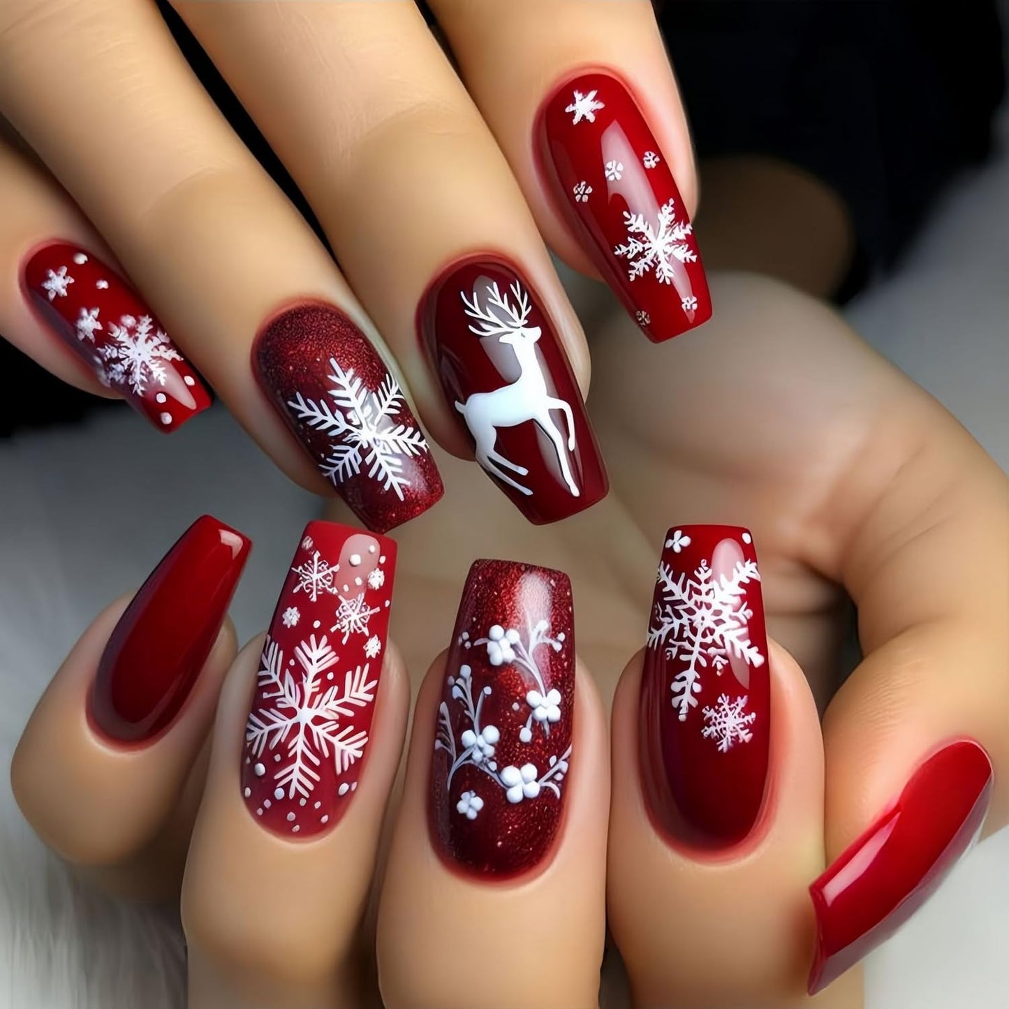 Christmas Press on Nails Medium Coffin Fake Nails White Elk Designs Winter Snowflake False Nails Full Cover Red Glitter Stick on Nails Sparkly Acrylic for Women 24 Pcs