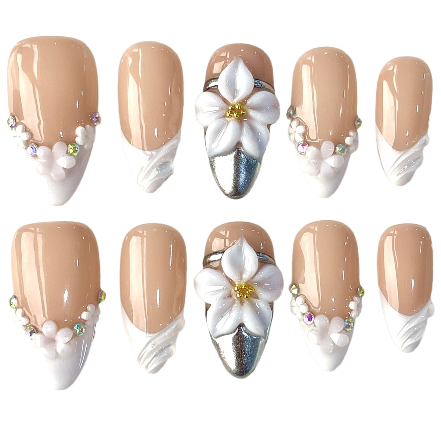 Handcrafted Press on Nails, Medium Almond Shape, 3D Flower Elegant Nude White French Tip with Rhinestone, Reusable Acrylic False Nails Classic French (L)