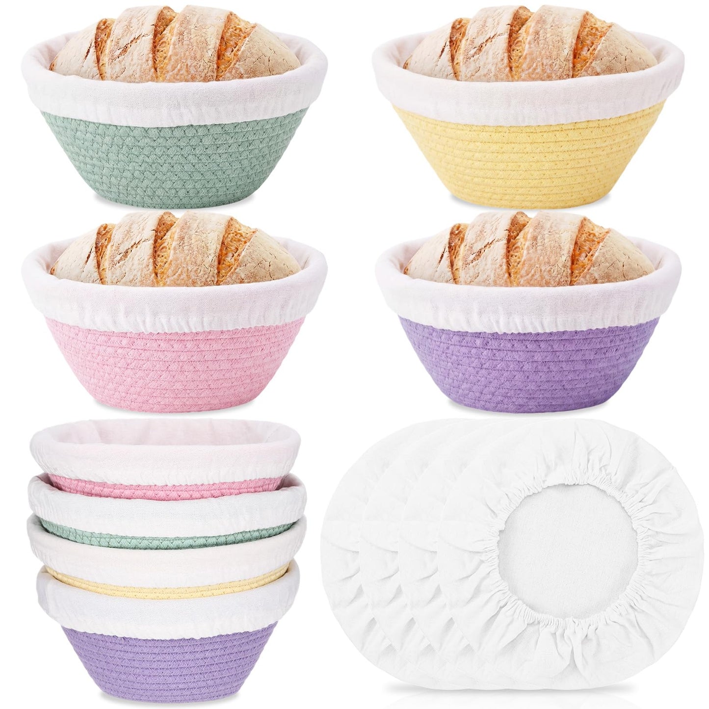 Ferrochef Round Banneton Bread Proofing Basket Set Cotton Rope Sourdough Bread Banneton Basket with Liners Covers for Baking Supplies(5 Inch)