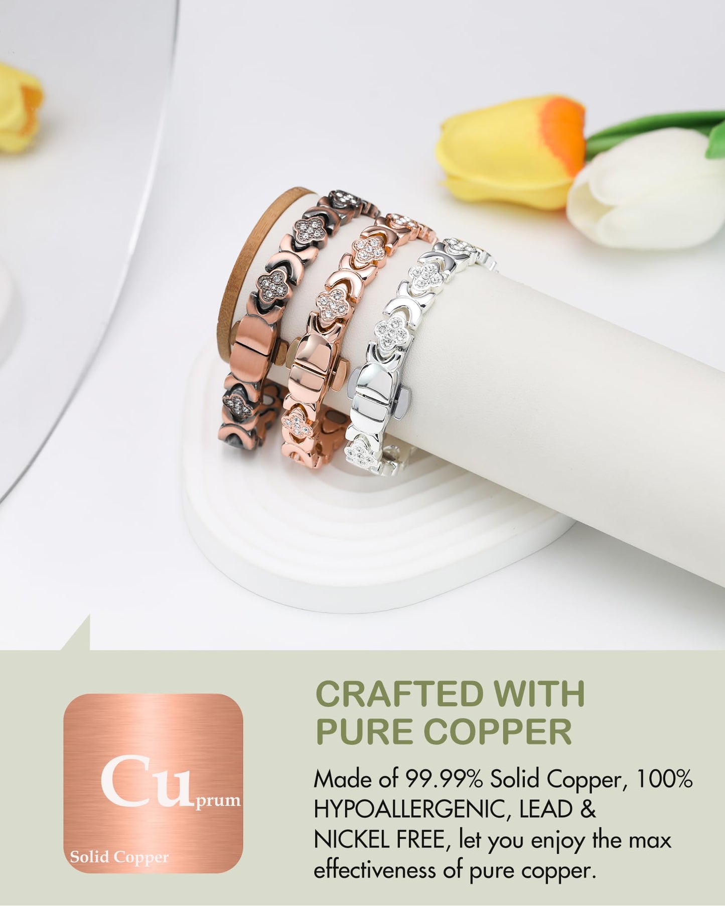 Feraco Pure Copper Bracelets for Women, 5X Ultra Strength Magnetic Bracelet with 5000 Gauss Neodymium Magnets & Upgraded Butterfly Clasp, Adjustable Jewelry Gift (Copper Clover)