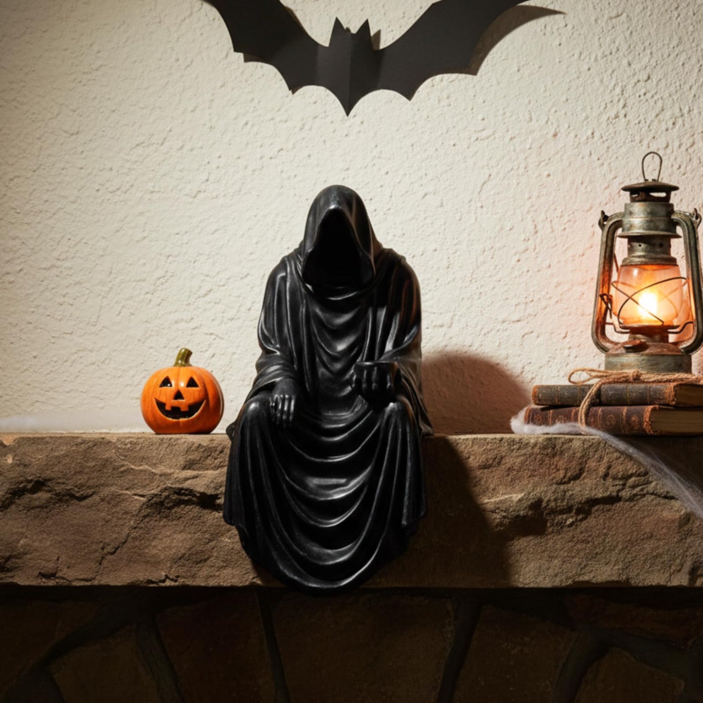 XIAOMAGG Mini Grim Reaper Figurine-Gothic Spooky Sculpture for Garden or Bookshelf,4.7 Inch Hand-Painted Resin Black Robe Mystery Halloween Decor Statue,Tabletop Gothic Decor Sitting Statues