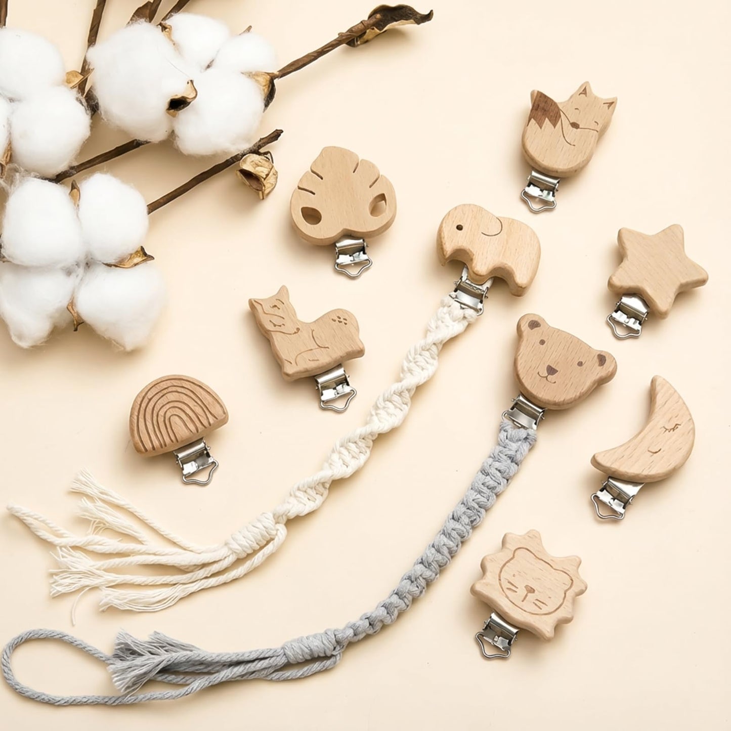 Boao 10 Pcs Wood Pacifier Clips Toy Suspender Clips Charm DIY Pacifier Holder for Baby Toddler Teething Grasping Accessory (Cute)