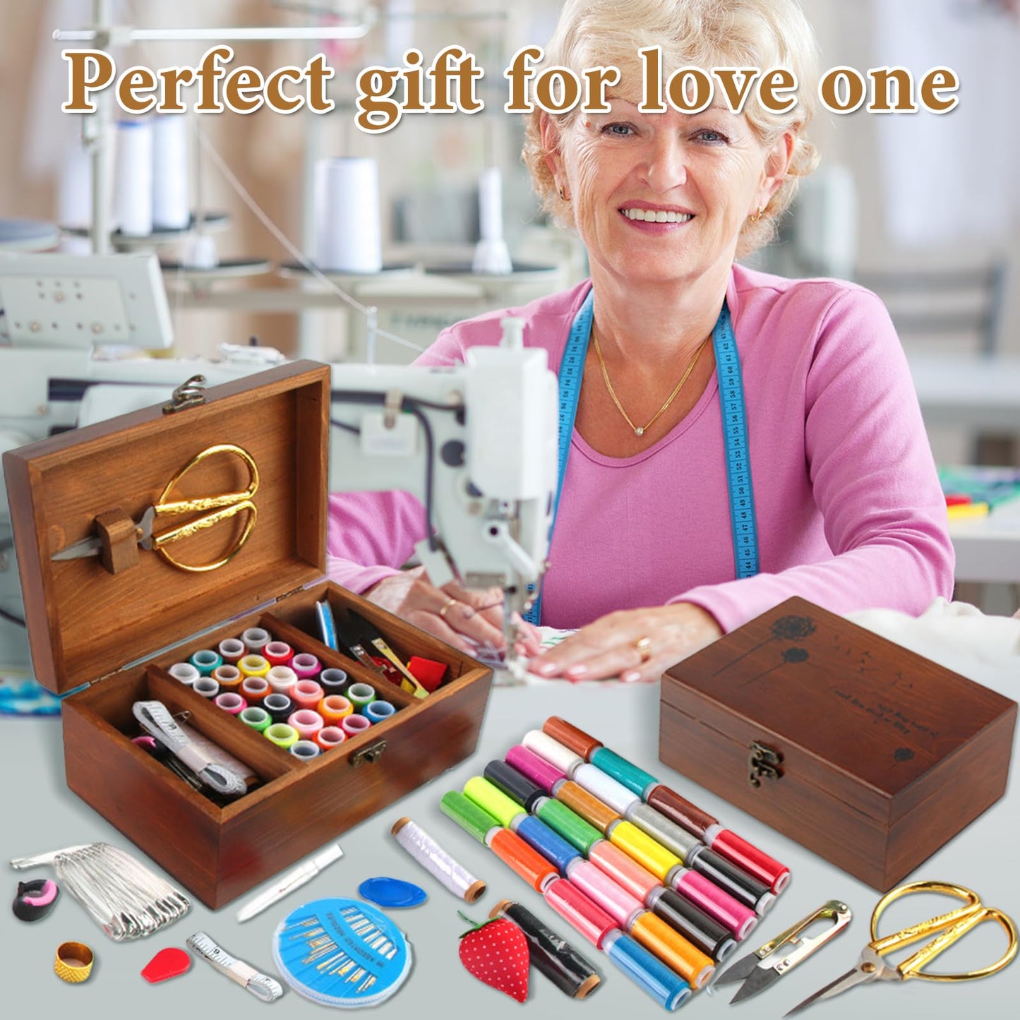 Mother's Day Gift Sewing Kit for Adults Wooden Sewing Box with Thread Scissors Thimble Needle Cushion Seam Ripper Retro Wooden Sewing Basket Sewing Supplies for Beginners