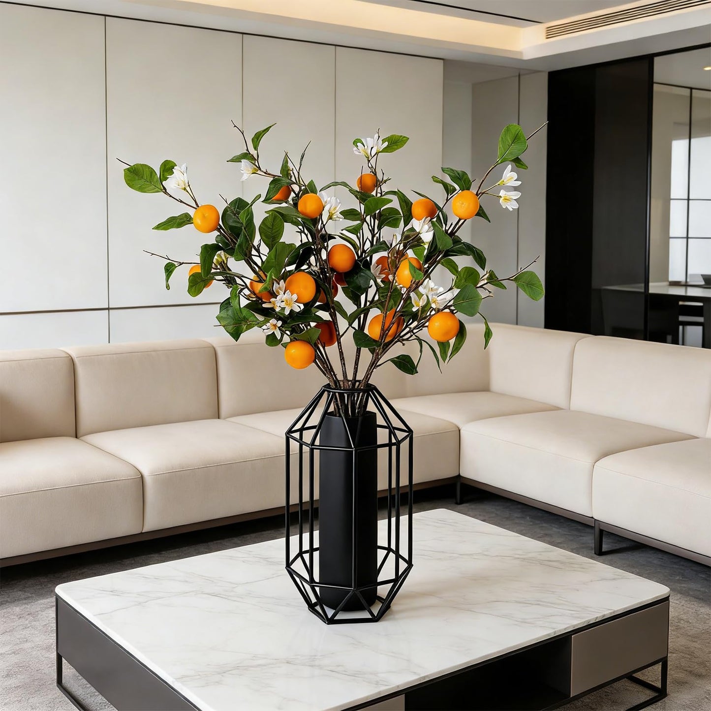 2PCS 37.8Inch Artificial Tangerine Branches Artificial Orange Branches Fake Orange Stem 10 Fruit with 20 White Flowers Long Stem for Home Party Wedding Office Thanksgiving Indoor Outdoor Decor