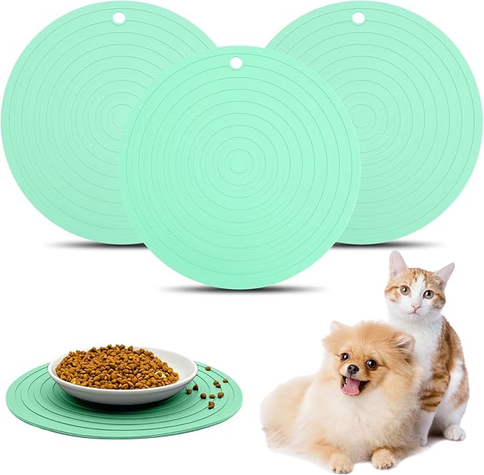 Fhiny 3PCS Silicone Pet Food Mat, 9.5" Round Waterproof Non-Slip Dog Cat Bowl Placemat Preventing Feed and Water Overflow Suitable for Medium Small Bowl Dish Plate Protect Floor (Pink, 9.5" Dia)