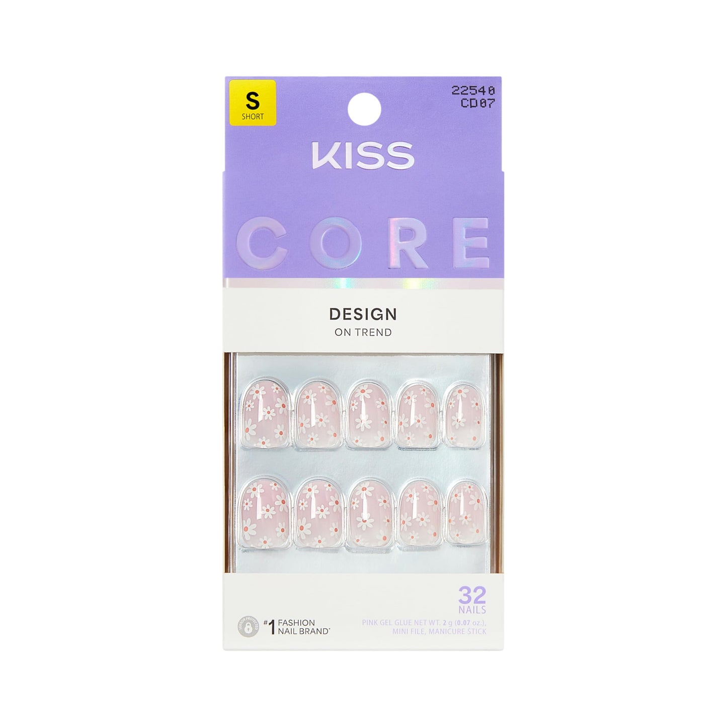 Kiss Core, Press On Nails, Nail glue included, 'Friendship', Pink, Short Size, Round Shape, Includes 32 Nails, 2g Glue, 1 Manicure Stick, 1 Mini File