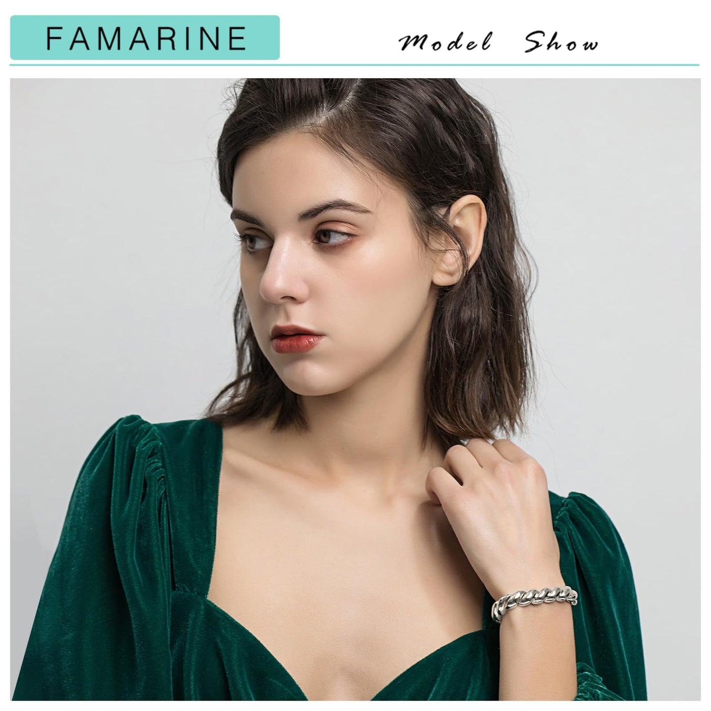 FAMARINE Silver Chunky Bracelet Twisted Bangle Bracelet for Women, Minimalist Wide Charm Bangle Bracelets