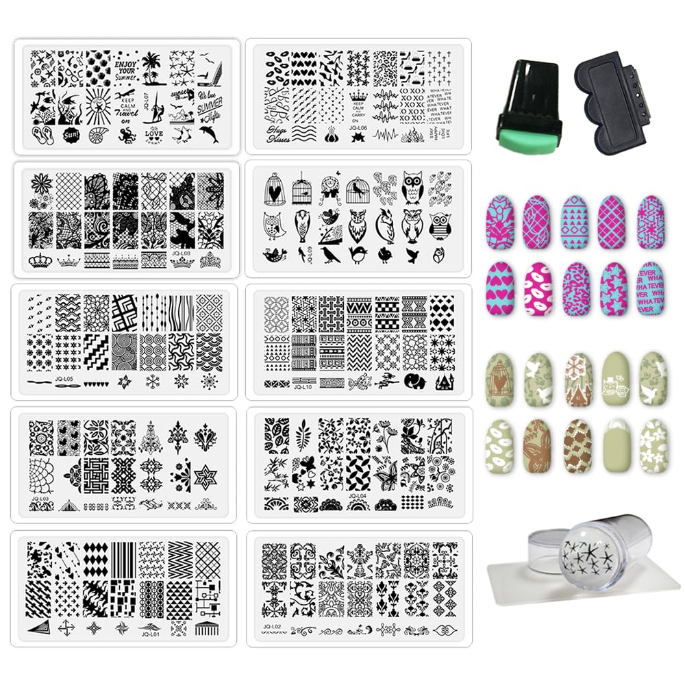 BeautyLeader 10 Nail Plates Mix Designs Nail Art Image Stamp Stamping Plates Manicure Template Nail Art Tools +2 Pcs Stamper DIY Stamping Plate（1-10）