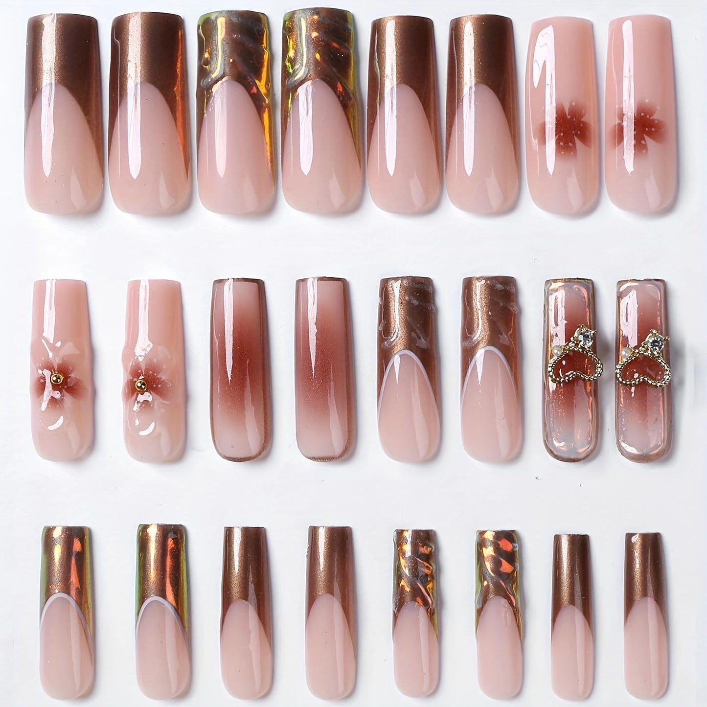 MISUD Press on Nails - Long Square Fake Nails with Brown Chrome, Acrylic French Tip Design 24 pcs