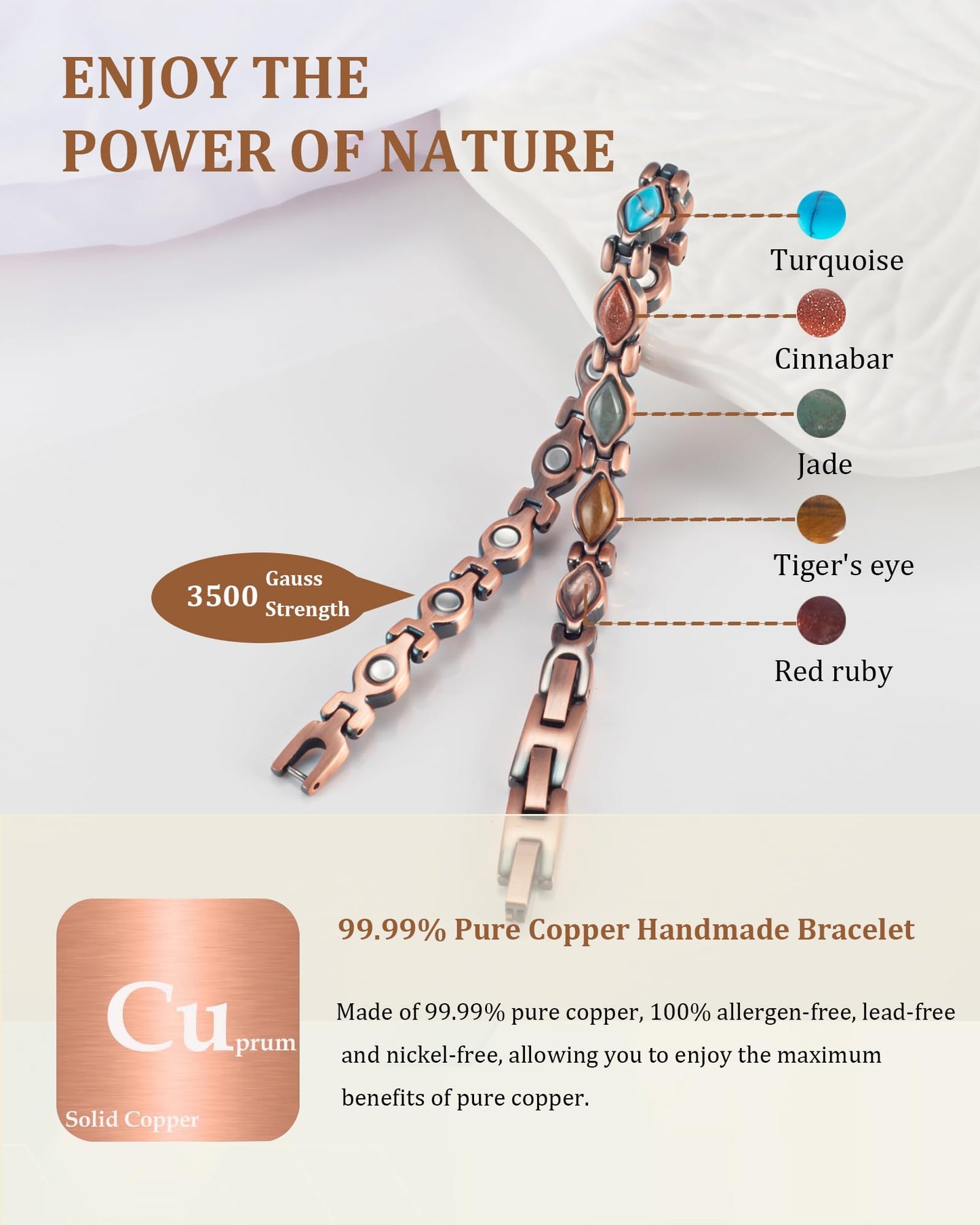EnerMagiX Copper Bracelets for Women, Pure Copper Adjustable Magnetic Jewelry Bracelet（0166A）