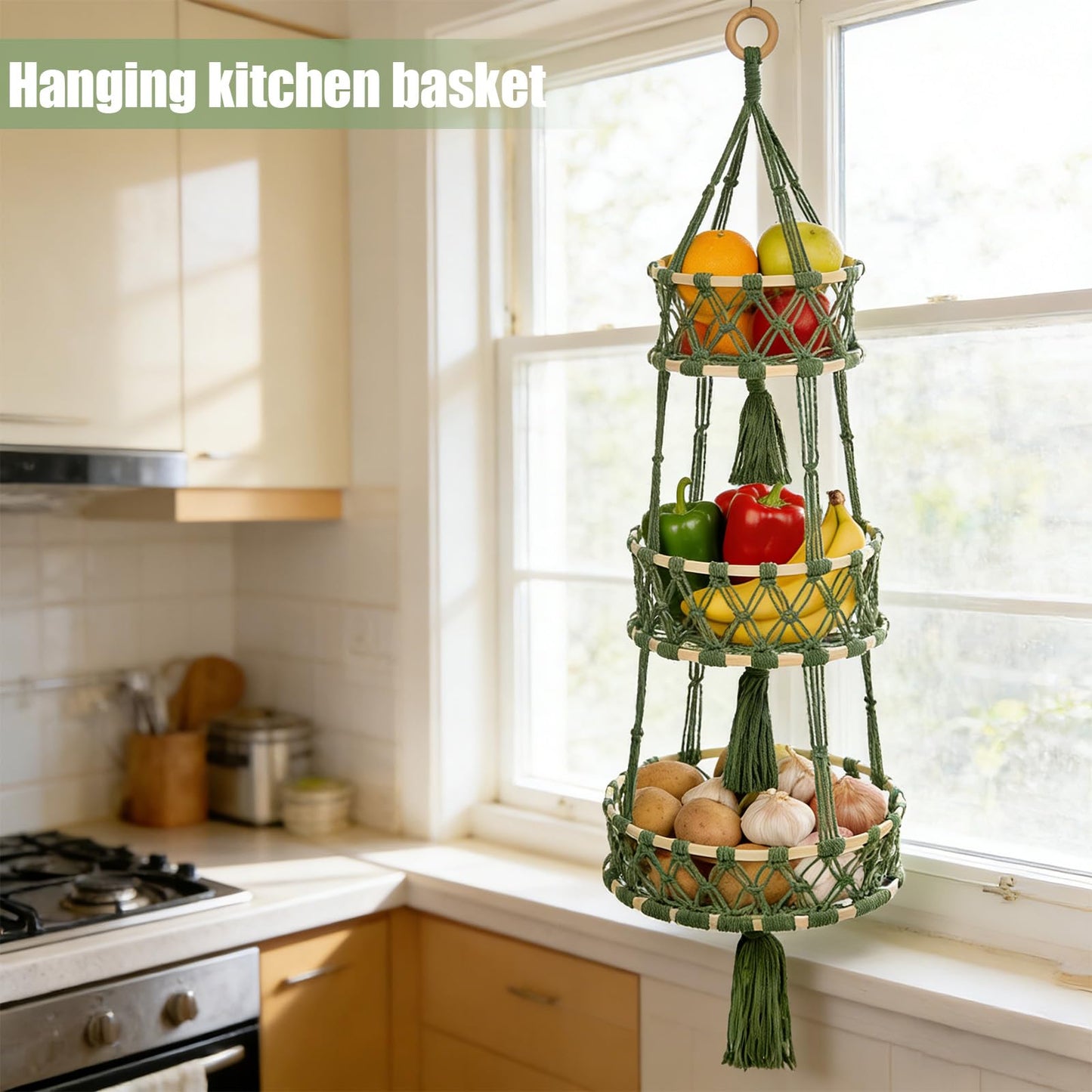 3 Tier Hanging Fruit Baskets for Kitchen, Macrame Plant Hanger Cotton Rope Handwoven Hammock Produce Storage Organizer Basket for Plants Holder, Vegetable, Onion, Potato (Green)