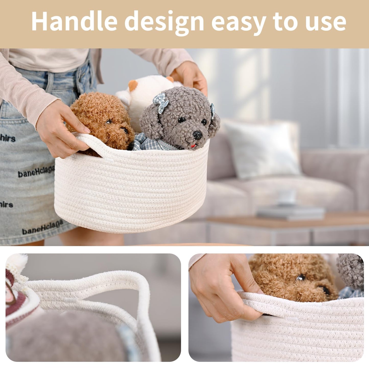 Happyiren Cute Woven Cotton Rope Basket with Handle Empty Decorative Gift Basket for Baby Shower, Graduation, Mother's Day, Nursery Storage 13" Dia x 6" H