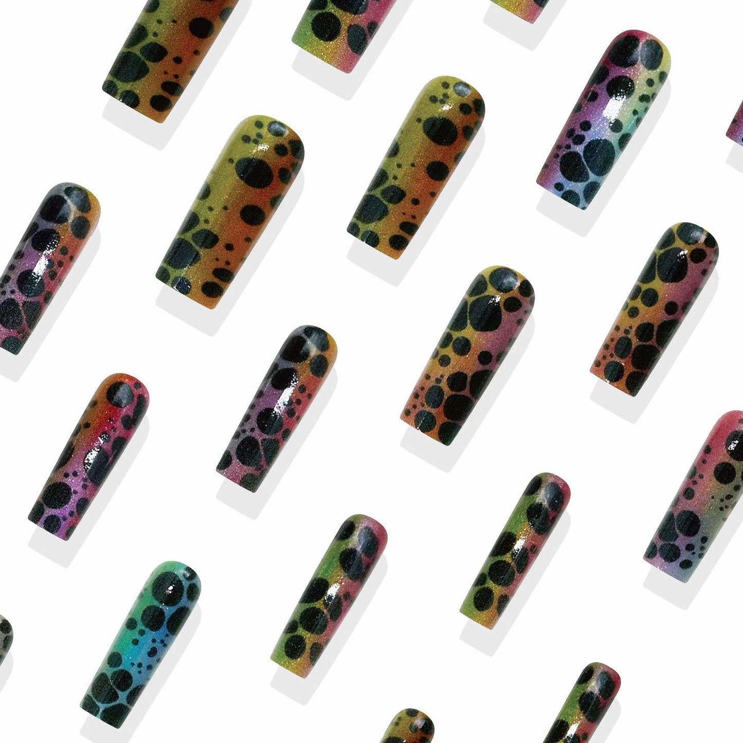 MISUD Press on Nails - Long Square Fake Nails with Colorful Ombre, Acrylic Black Tortoise Shell Design 24 pcs