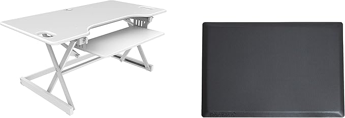 Rocelco 46" Large Height Adjustable Standing Desk Converter with Anti Fatigue Mat BUNDLE - Quick Sit Stand Up Triple Monitor Riser - Retractable Keyboard Tray - White (R DADRW-46-MAFM)