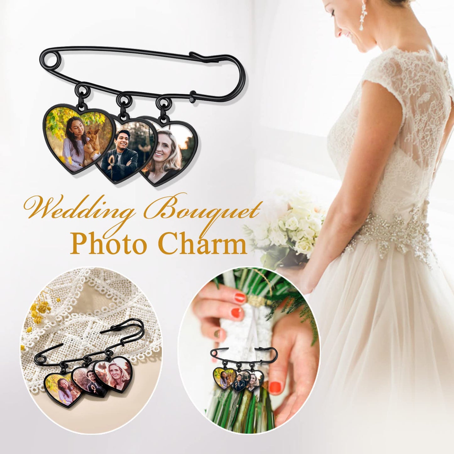 Custom4U Photo Charm for Bouquet Heart Shaped Brooch Pins with 3 Pictures Customized Memorial Wedding Jewelry