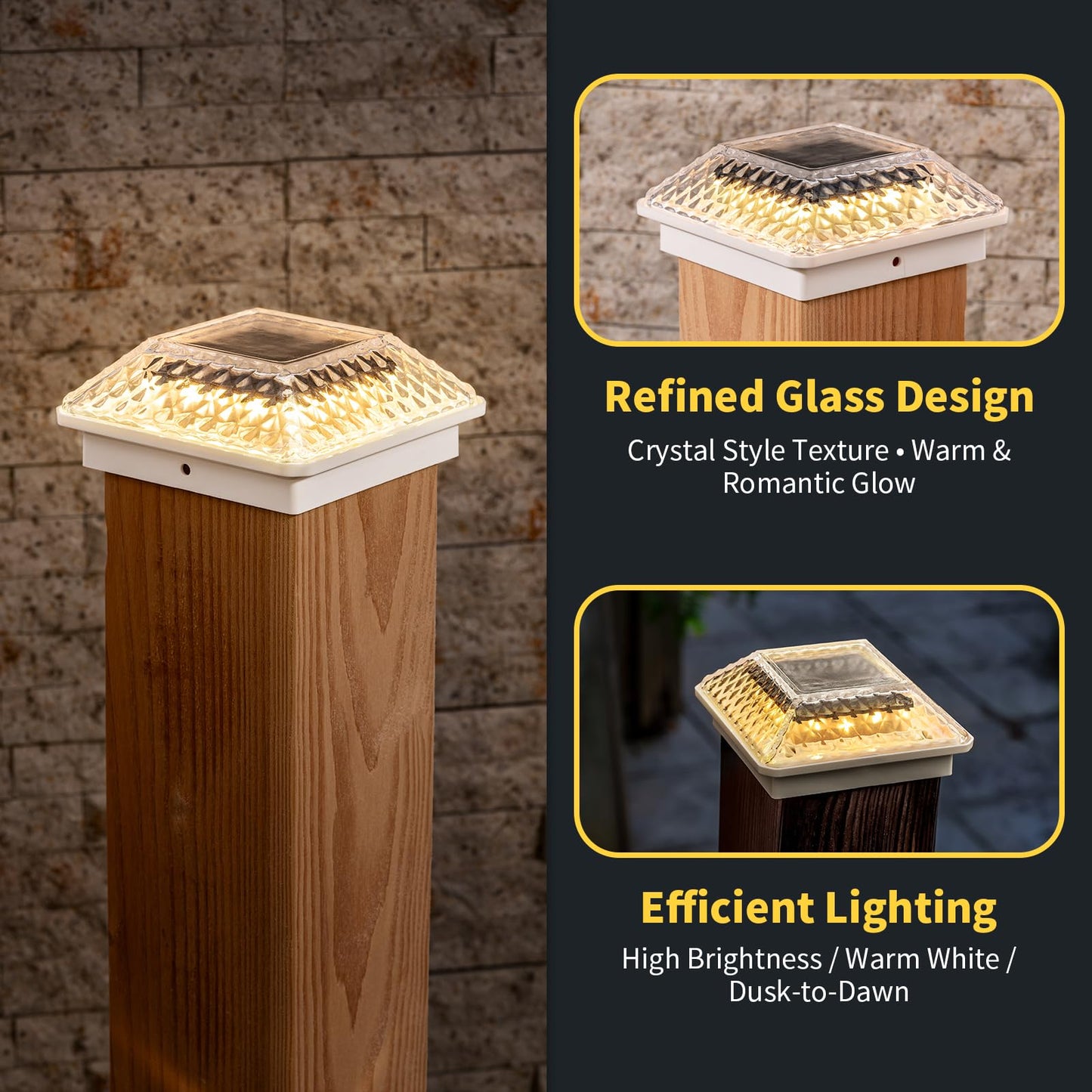 OPOIRA Glass Solar Post Cap Lights with Crystal Style - Decorative Deck Fence Lights for 4x4 5x5 Posts Hidden Solar Panel, Modular Design, 10Hr Runtime, IP65, Warm White, White, 2 Pack